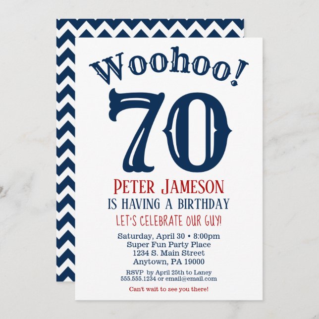 70th Birthday Invitation Mens Navy Blue (Front/Back)