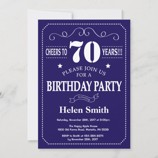 70th Birthday Invitation Navy Blue and White (Front)
