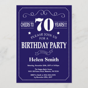 70th Birthday Invitation Navy Blue and White