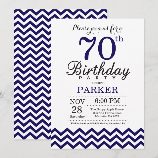 70th Birthday Invitation Navy Blue Chevron (Front/Back)