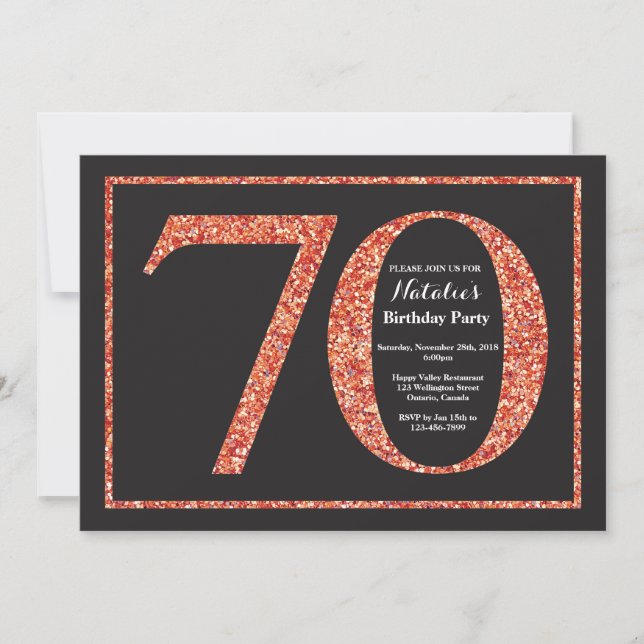 70th Birthday Invitation Orange Glitter Chalkboard (Front)