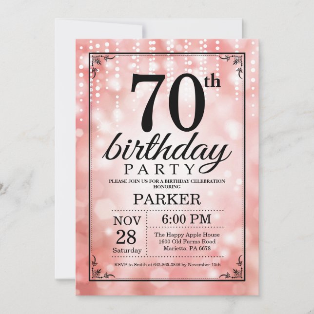 70th Birthday Invitation Pink Glitter (Front)