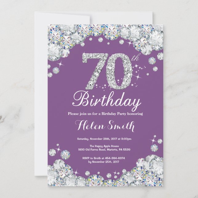70th Birthday Invitation Purple and Silver Diamond (Front)