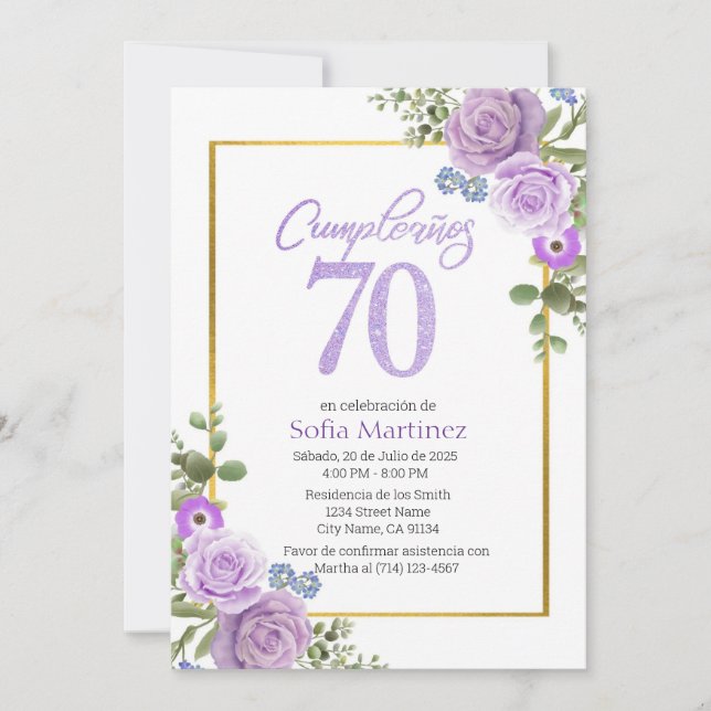 70th Birthday Invitation - Purple Flower Theme  (Front)