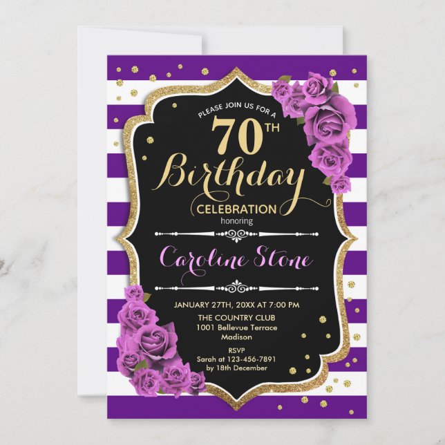 70th Birthday Invitation Purple Gold With Roses (Front)