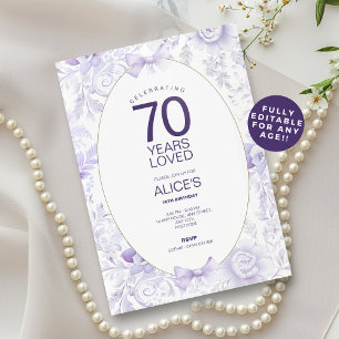 70th Birthday Invitation, Purple Vintage Floral  Invitation