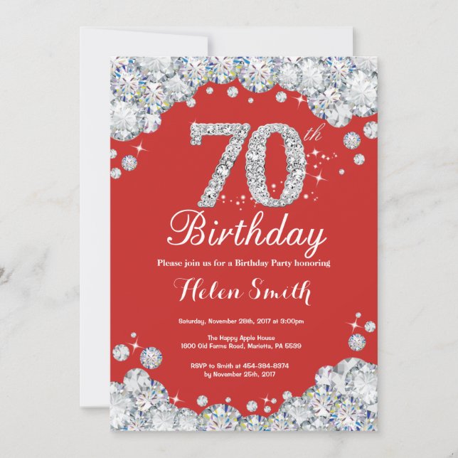 70th Birthday Invitation Red and Silver Diamond (Front)