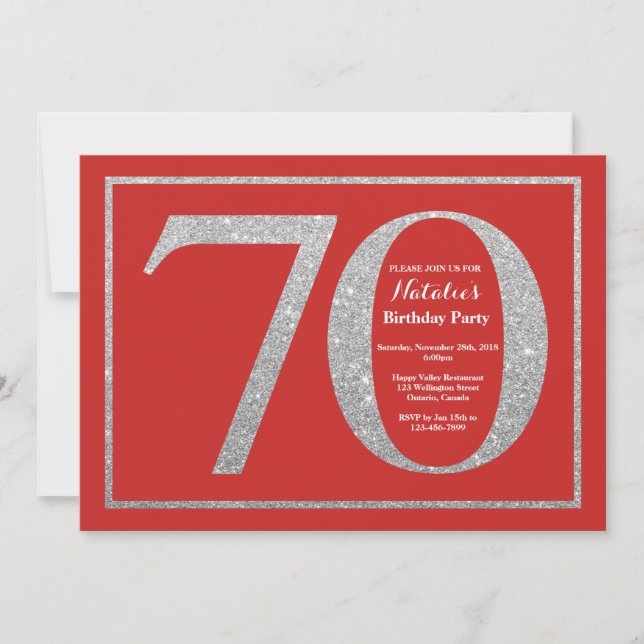 70th Birthday Invitation Red and Silver Glitter (Front)