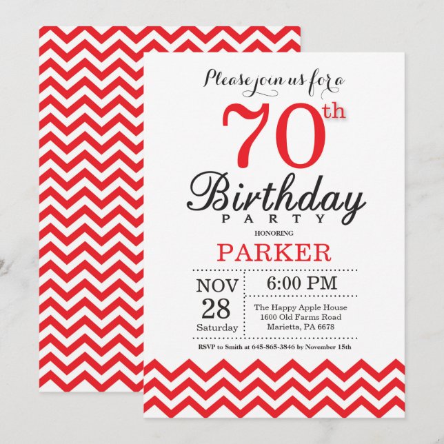70th Birthday Invitation Red Chevron (Front/Back)