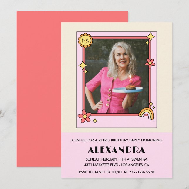 70th birthday invitation Retro Groovy Pink Floral (Front/Back)