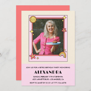 70th birthday invitation Retro Groovy Pink Floral