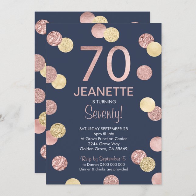 70th Birthday Invitation Rose Gold and Navy (Front/Back)