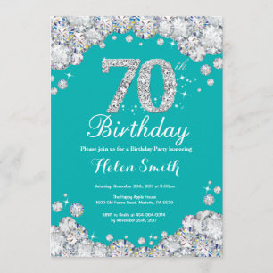 70th Birthday Invitation Teal and Silver Diamond