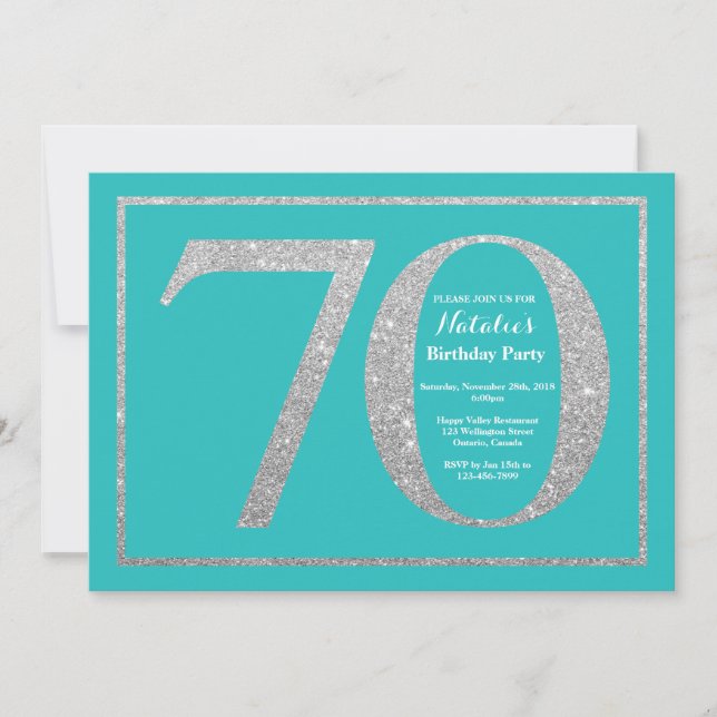 70th Birthday Invitation Teal and Silver Glitter (Front)