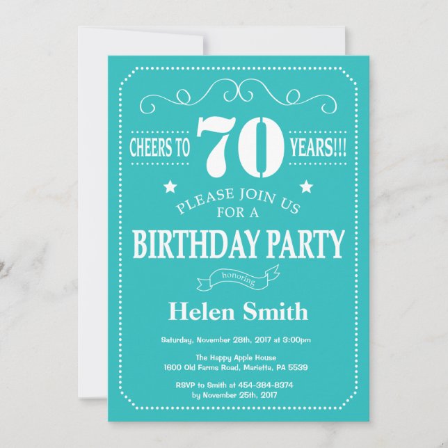 70th Birthday Invitation Teal and White (Front)