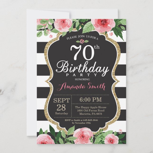 70th Birthday Invitation Women. Floral Gold Black (Front)
