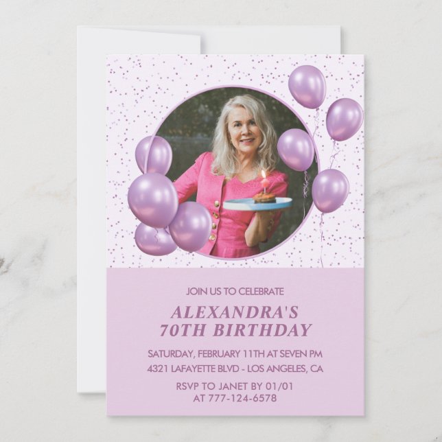 70th birthday invitations Balloons Photo Purple (Front)