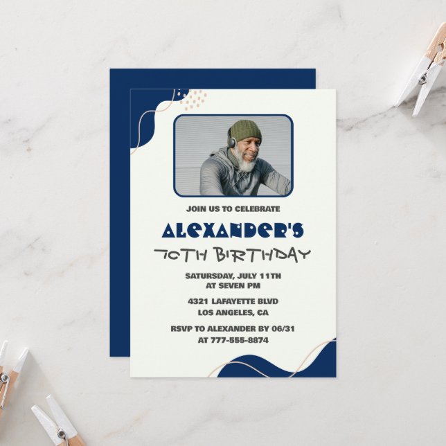 70th birthday invitations Men Navy Simple Photo (Front/Back In Situ)