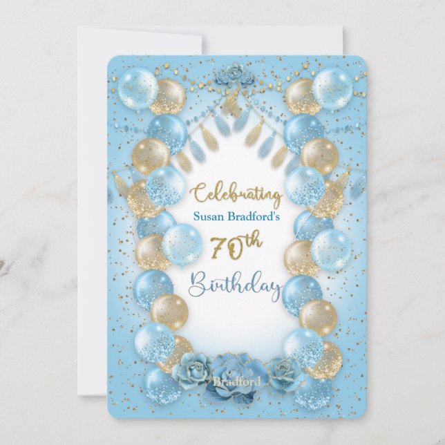 70th Birthday Ladies Blue Gold Balloons Design Invitation (Front)