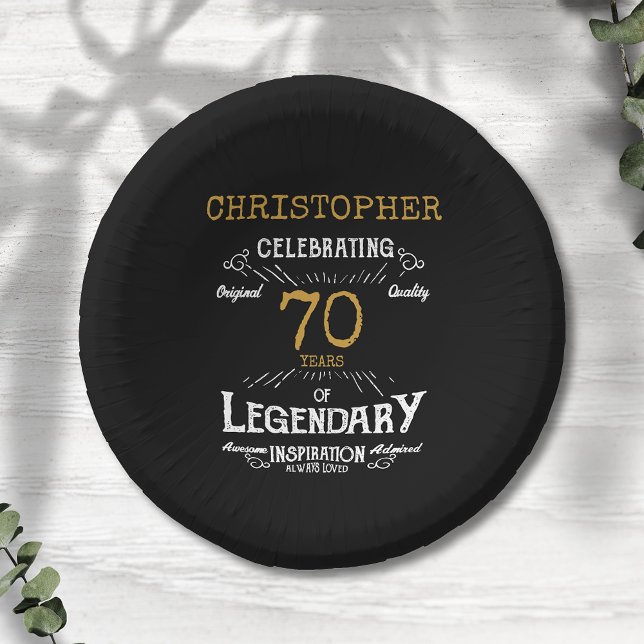 70th Birthday Legendary Black Gold Retro Paper Plate (For those celebrating their 70th birthday we have the ideal birthday party bowls)