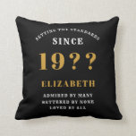 70th Birthday Loved Add Your Name Year Black Gold Throw Pillow<br><div class="desc">For those celebrating their 70th birthday we have the ideal surprise birthday party throw pillow gift. The black background with a white and gold design is simple and yet elegant. Easily customize the text to the front and the interior of these party supplies using the template provided. Part of the...</div>