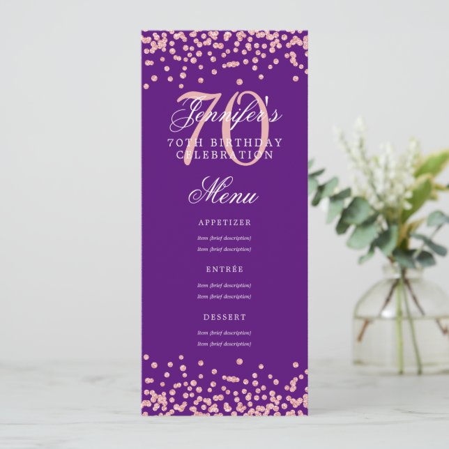 70th Birthday Menu Rose Gold Confetti Purple  Invitation (Standing Front)