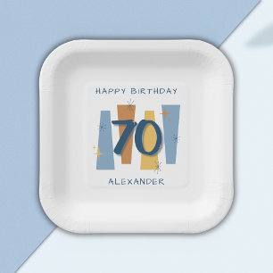  70th Birthday Midcentury Modern Retro Blue Paper Plate