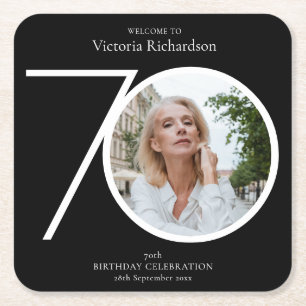70th Birthday Minimalist Black Typography Photo Square Paper Coaster