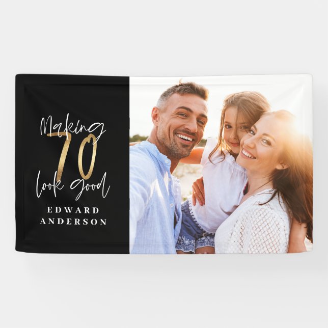 70th birthday modern black and gold photo collage banner (Horizontal)