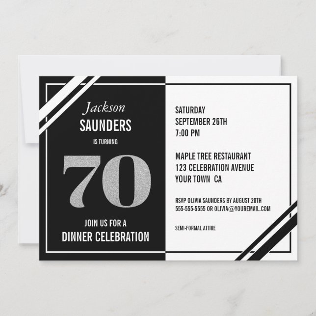 70th Birthday Modern Black and White Dinner Party Invitation (Front)