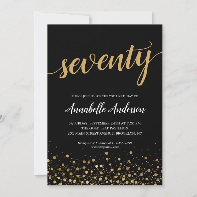 70th Birthday Modern Black Gold Confetti Script Invitation (Front)