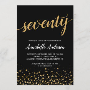 70th Birthday Modern Black Gold Confetti Script Invitation