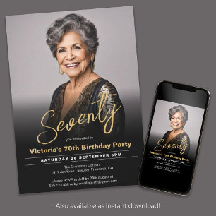 70th Birthday Modern Black Gold Minimal Photo Invitation