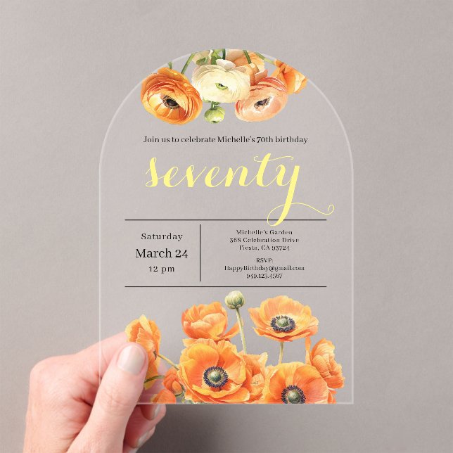 70th Birthday Modern Garden Orange White Flowers Acrylic Invitations (Insitu (Handheld))
