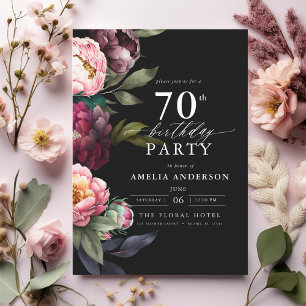 70th Birthday Modern Moody Burgundy Blush Floral Invitation