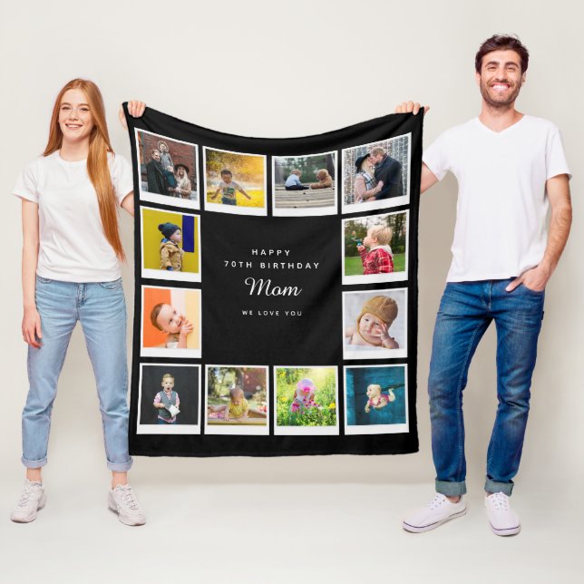 70th Birthday Mom Photo Collage Template Black Fleece Blanket (In Situ)