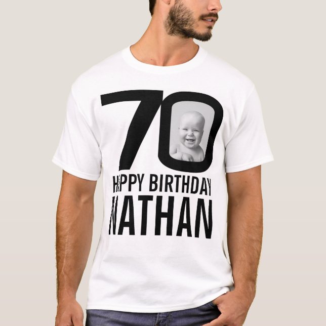 70th birthday mono custom now and then photo name T-Shirt (Front)