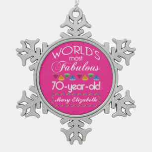 70th Birthday Most Fabulous Colourful Gems Pink Snowflake Pewter Christmas Ornament