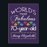 70th Birthday Most Fabulous Colourful Gems Purple Postcard<br><div class="desc">Celebrate the milestone birthday of your favourite senior citizen with this fun gift reminding them of how fabulous they are. White and grey lettering on deep purple background. Colourful diamonds in rainbow tones serve as accent. Customize with names, initials or other text. This series is in increments of 5 years...</div>