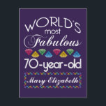 70th Birthday Most Fabulous Colourful Gems Purple Postcard<br><div class="desc">Celebrate the milestone birthday of your favourite senior citizen with this fun gift reminding them of how fabulous they are. White and grey lettering on deep purple background. Colourful diamonds in rainbow tones serve as accent. Customize with names, initials or other text. This series is in increments of 5 years...</div>