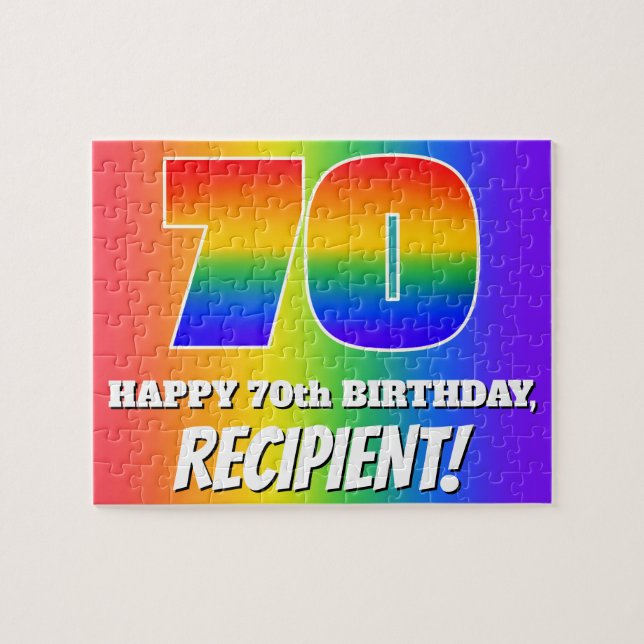 70th Birthday — Multicolored Rainbow Pattern “70” Jigsaw Puzzle (Horizontal)