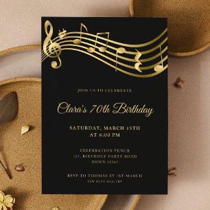 70th Birthday Music Notes Gold Elegant Modern Invitation