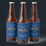 70th Birthday Name 1952 Blue Gold Elegant Chic Beer Bottle Label<br><div class="desc">A personalized elegant beer label that is easy to customize for that special occasion.</div>