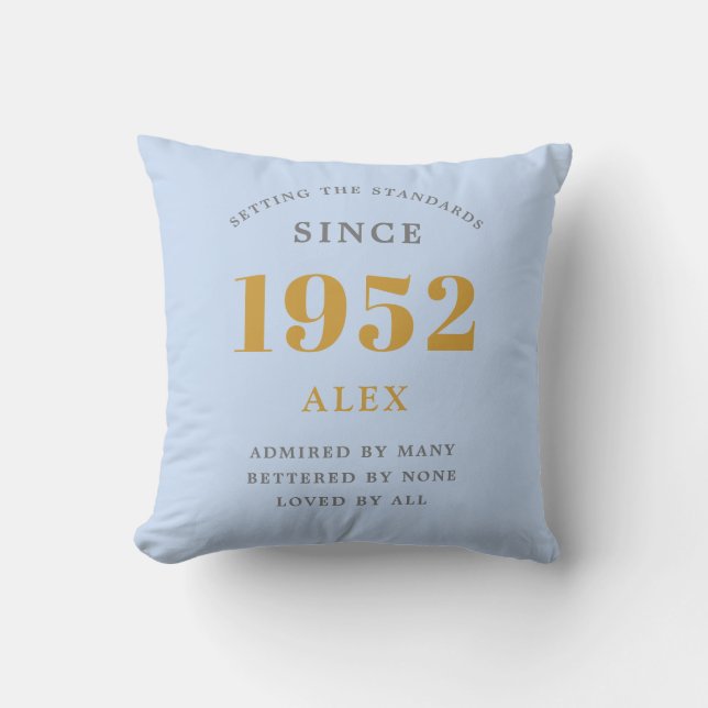 70th Birthday Name 1952 Blue Grey Elegant Chic Throw Pillow (Front)