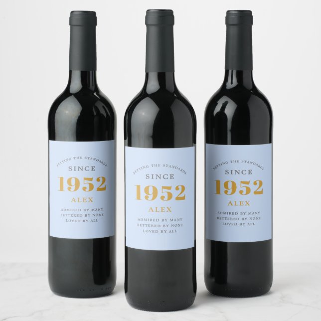 70th Birthday Name 1952 Blue Grey Elegant Chic Wine Label (Bottles)