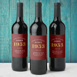 70th Birthday Name 1953 Red Gold Elegant Chic Wine Label<br><div class="desc">Celebrate a loved one’s 70th birthday in style with our custom wine labels! Our personalized 70th birthday party supplies feature an elegant red and gold design, perfect for any special occasion. Our wine labels are high quality and are sure to bring a touch of glamour to the event. With this...</div>