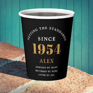 70th Birthday Name 1954 Black Gold Elegant Chic Paper Cups