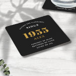 70th Birthday Name 1955 Black Gold Elegant Chic Square Paper Coaster<br><div class="desc">Premium 70th Birthday Black and Gold Personalized Paper Coasters - Celebration Elegance. Celebrate a milestone birthday in style with our chic, premium-quality, 70th Birthday paper coasters. Exquisitely designed with a striking black and gold colour scheme, these coasters add a touch of luxury and sophistication to any 70th birthday bash. Express...</div>