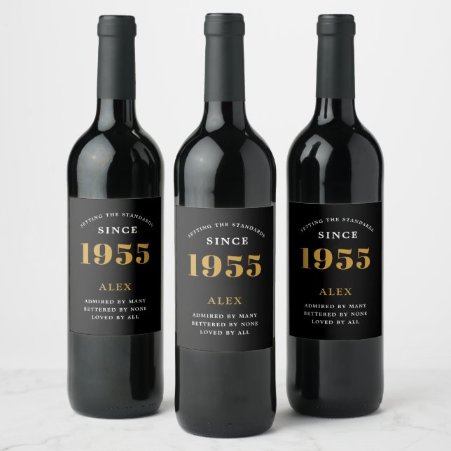 70th Birthday Name 1955 Black Gold Elegant Chic Wine Label (Bottles)
