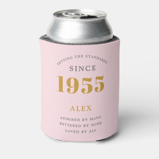 70th Birthday Name 1955 Pink Grey Elegant Chic Can Cooler (Can Back)
